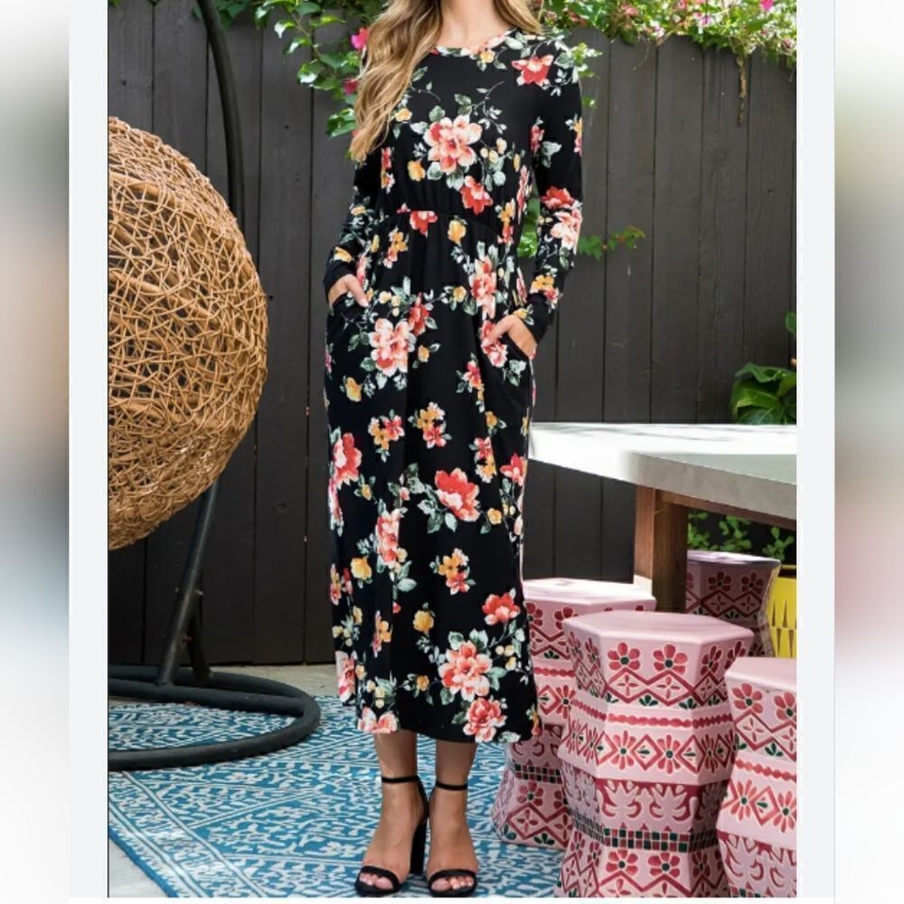 Long quarter sleeve multicolor floral dress - Picture 1 of 7